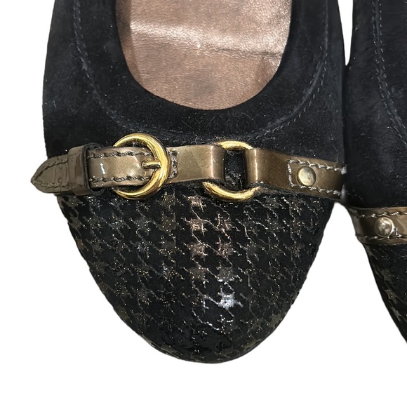 AGL Monika Black Suede Leather Metallic Gold Houndstooth Cap Toe Flats - 8.5 - Picture 7 of 15